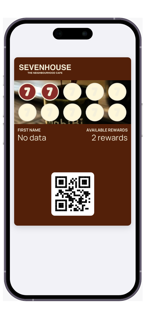Sevenhouse café loyalty card on a phone with numbered stamps and QR code
