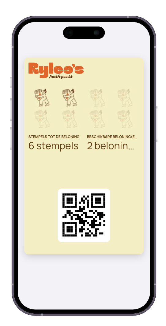 Rylee's Fresh Goods loyalty card on a phone with illustrated stamps and QR code